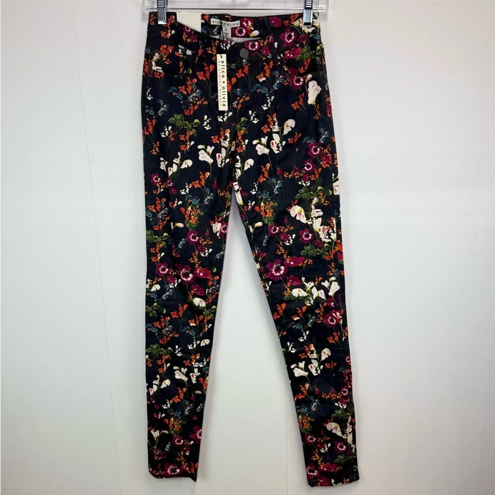 Alice + Olivia Black Floral Printed Denim Skinny Fit black Jeans Fall Garden‎ 25